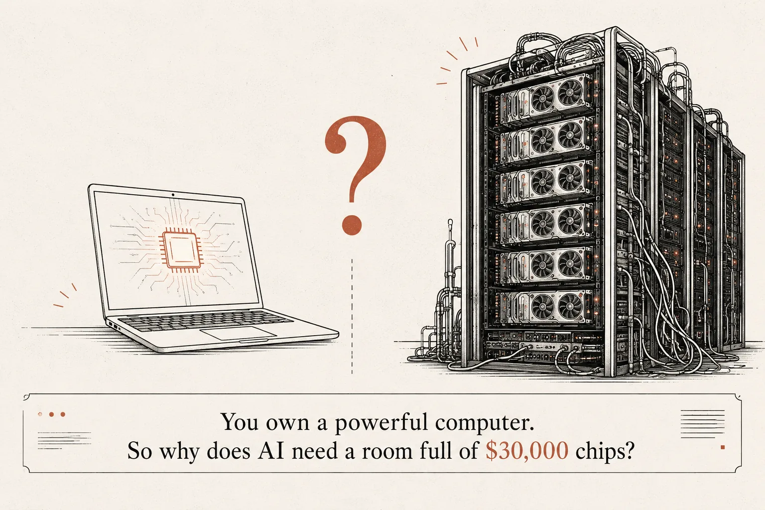 On the left, a laptop with a small glowing chip inside. On the right, a towering server rack packed with large GPUs and cables. A question mark floats between them.
