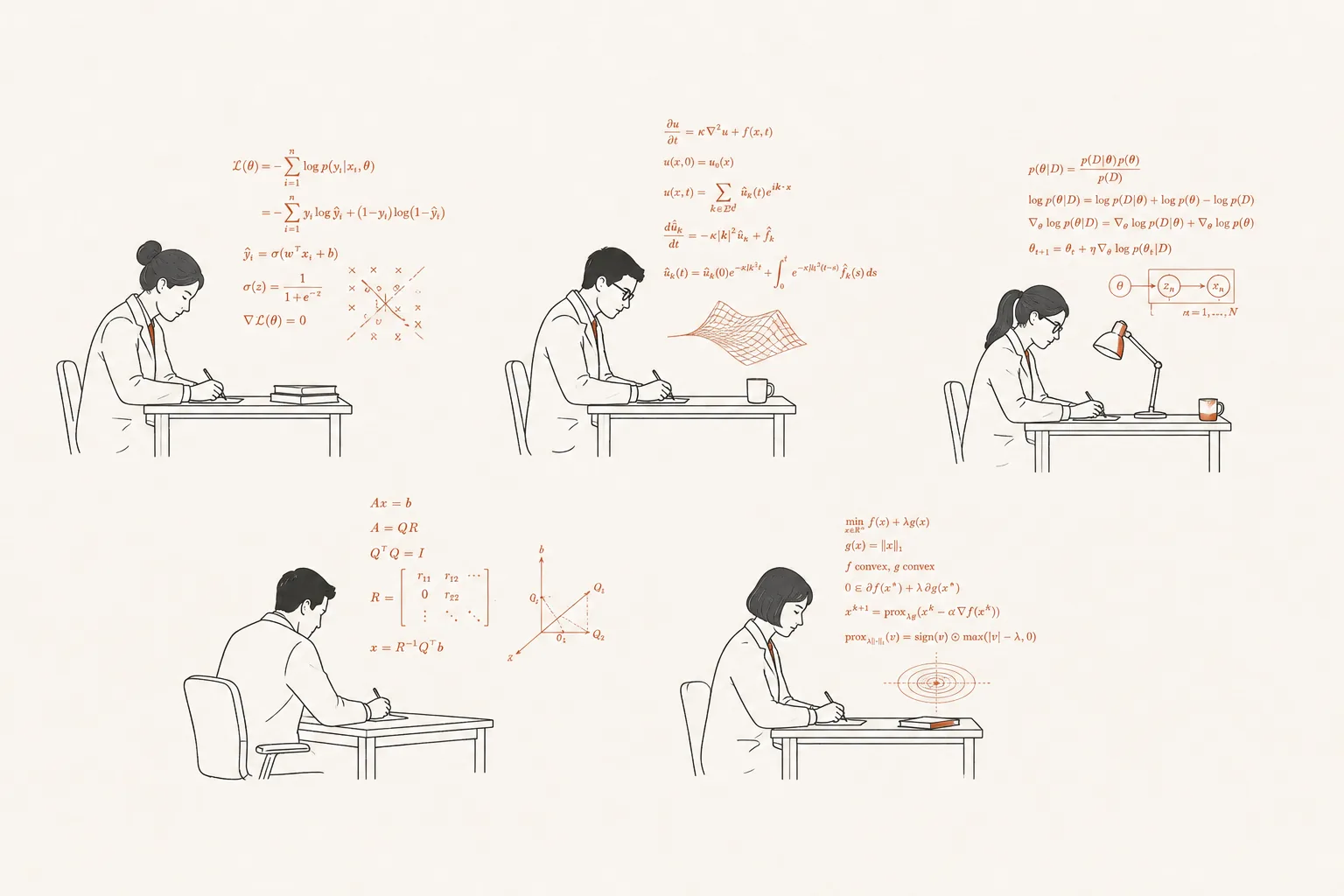 Five workers in lab coats at separate desks, each writing out a different complicated mathematical derivation.