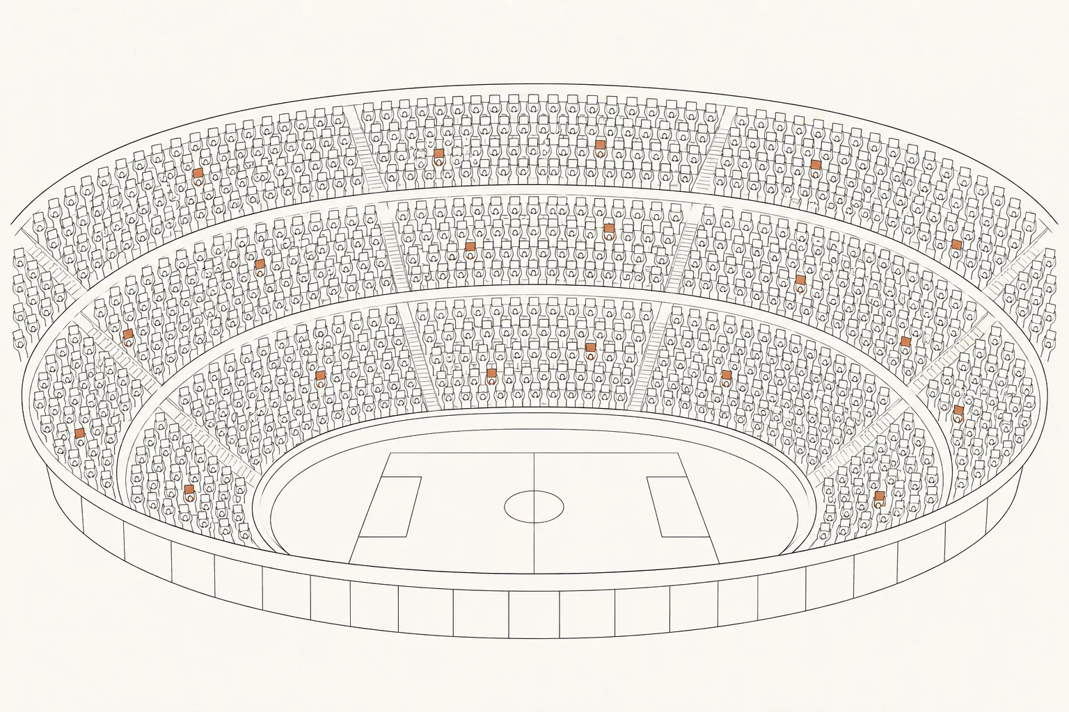 A vast stadium seen from above, packed with thousands of tiny identical figures, a scattering of them highlighted in orange.