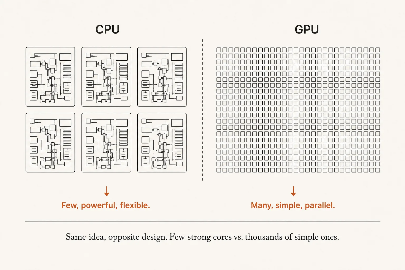 A diagram: on the left, six large detailed CPU cores labelled 'Few, powerful, flexible.' On the right, a grid of hundreds of tiny identical GPU cores labelled 'Many, simple, parallel.'