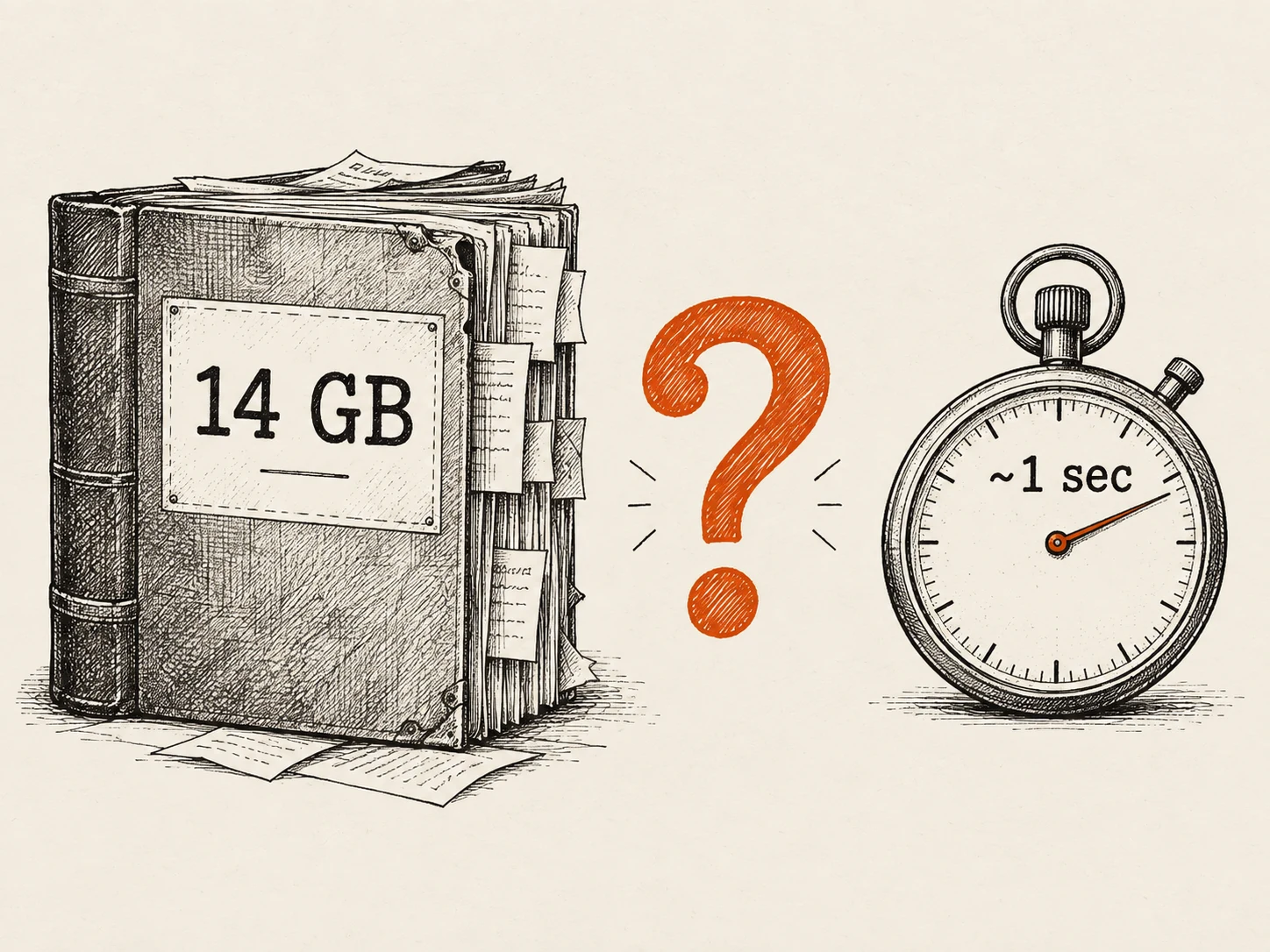 A thick book-like file labelled 14 GB on the left, an orange question mark in the middle, and a stopwatch reading about 1 sec on the right.