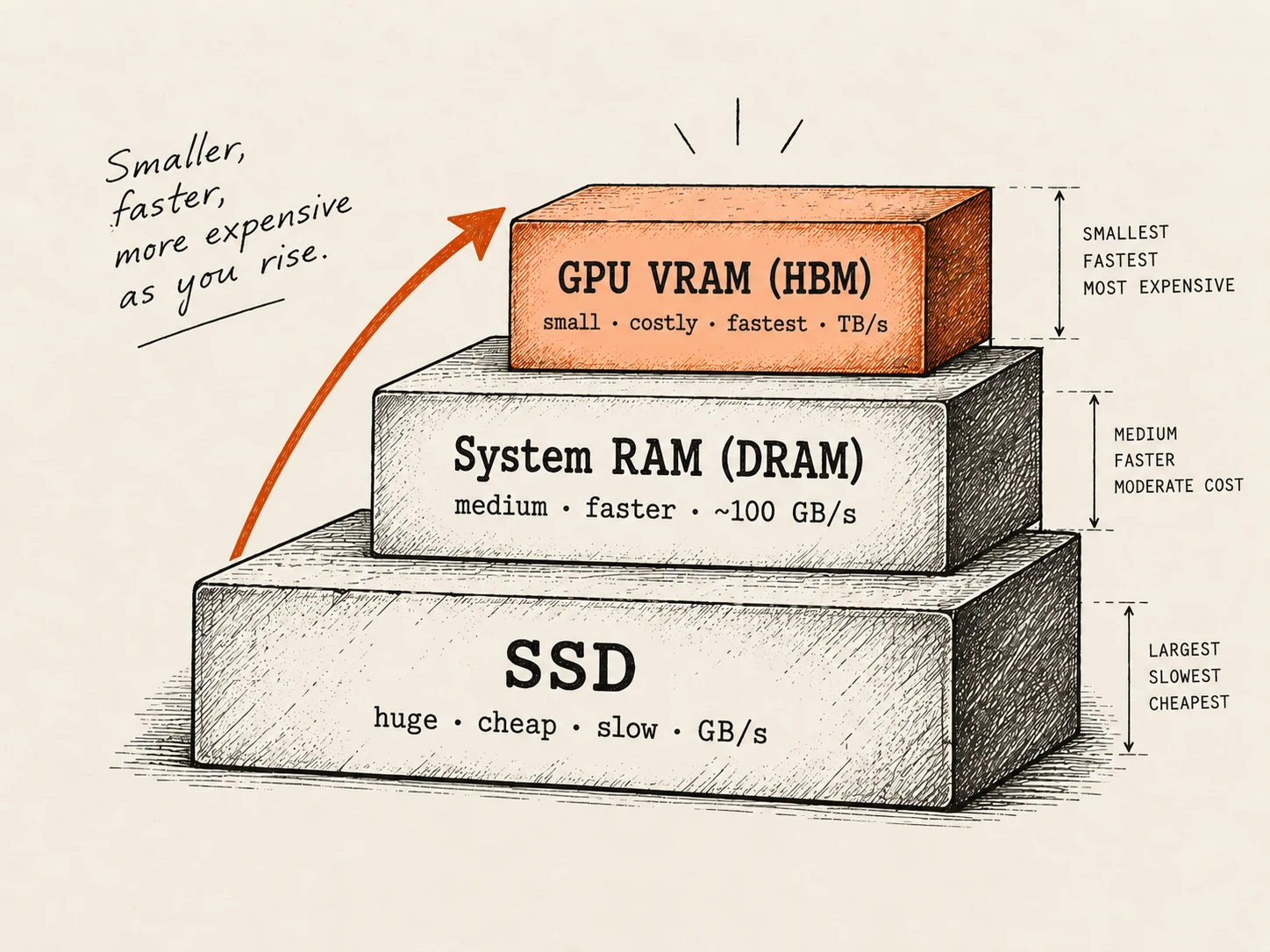 A three-tier staircase: SSD at the bottom labelled huge, cheap, slow, permanent; System RAM in the middle labelled medium size, faster, temporary; GPU VRAM at the top labelled small, expensive, fastest, temporary, with rough speed labels on each tier.